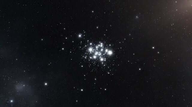 A vast star cluster shines brightly in the deep dark void of space