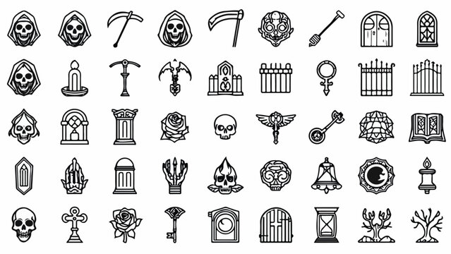 Grim Reaper Outline Icons: 30 Elegant Gothic Death Symbols Grid Sheet for Halloween Dark Vector Design