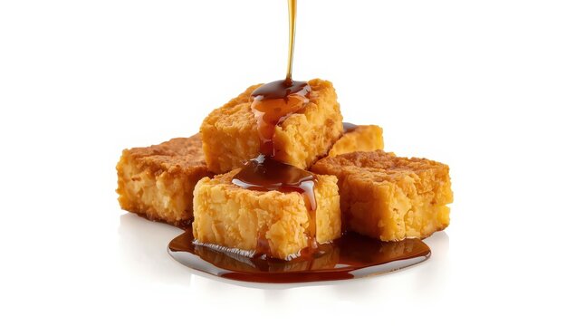 Fried tofu cheese chunks with soy sauce on a light backdrop.