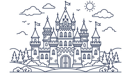 Fantasy medieval castle with spires in countryside outline vector design. © MDTAZBIRHOSSAIN