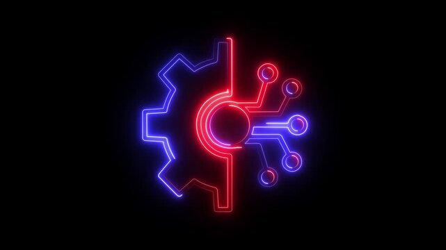 Neon gear and circuit board animation: digital innovation and industrial technology concept