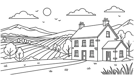 Fototapeta premium Country house and farmland vector illustration in outline style, nature landscape.