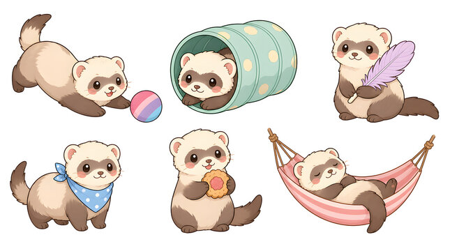 Cute Ferret Collection: A charming collection of adorable ferrets engaged in various playful and relaxing activities, depicted in a delightful cartoon style.