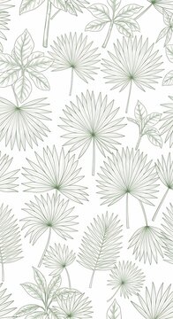 Whispering Palms: Delicate green line art of tropical leaves on a crisp white canvas.