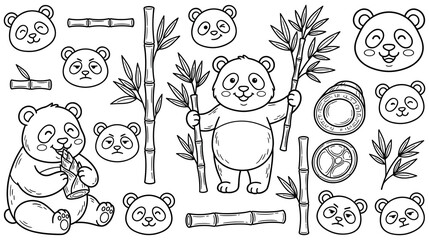 Cute panda character set with various expressions and bamboo elements. © MDTAZBIRHOSSAIN