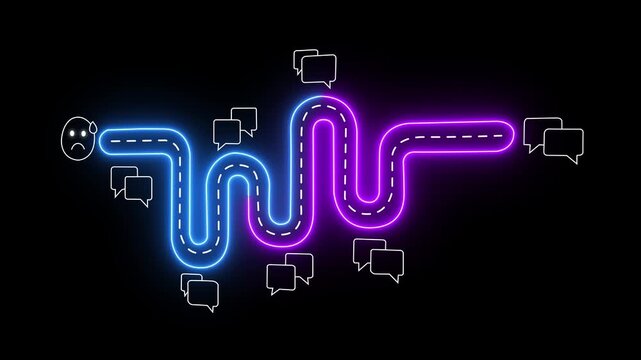 Neon winding road concept with chat bubbles and stressed emoji for communication and mental health themes