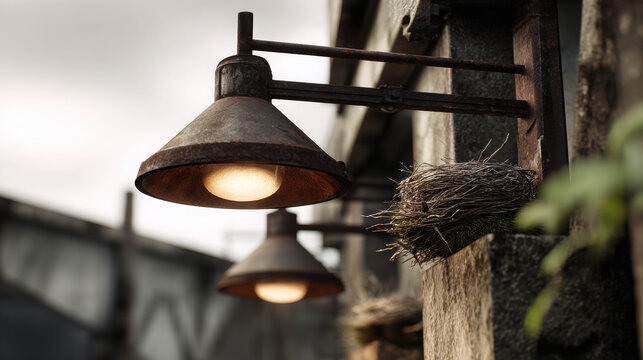 Two rustic wall lamps with a vintage feel attached to an aged wooden post, one lamp in sharp focus, the other softly blurred, under a cloudy sky
