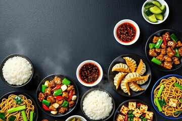 Obraz premium Top view of traditional chinese food on dark background. Assorted dishes include steamed rice noodles dumplings tofu, stir fry meat with vegetables. Bowls with soy sauce, spicy chili oil accompany