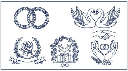 Wedding collection vector set with rings swans roses and floral elements. © MDTAZBIRHOSSAIN