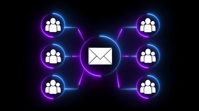 Neon email marketing network animation: digital communication and global connectivity concept