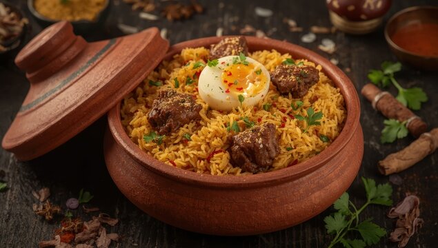 Genuine Mutton Biryani with Egg, Presented in a Classic Clay Pot