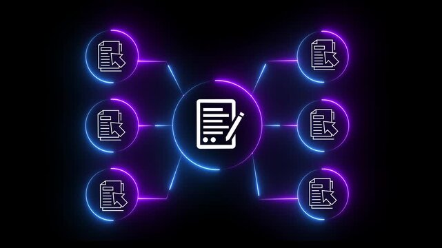 Digital document workflow network with neon glowing and data connectivity