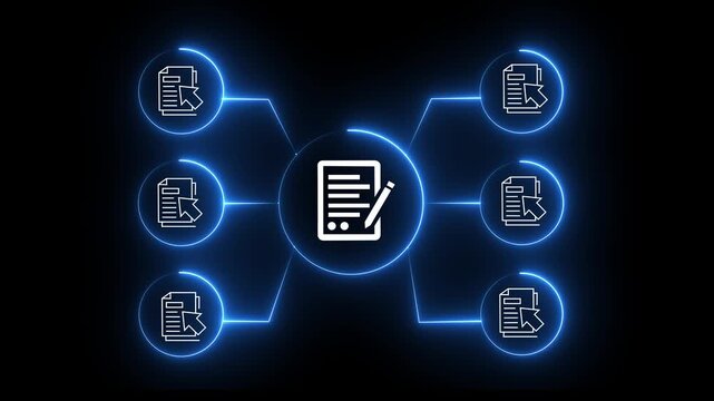 Digital document workflow network with glowing neon and data connectivity