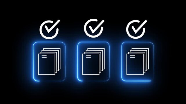 Neon glowing document with checkmark animation for business task completion and workflow success
