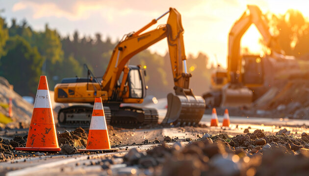 Construction site with excavators and safety cones at sunset