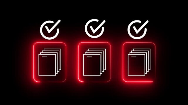 Neon digital document approval animation: task completion and checklist process with glowing red ui