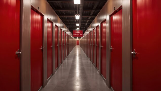 Hallway of storage units featuring red doors. Rental Storage Spaces.