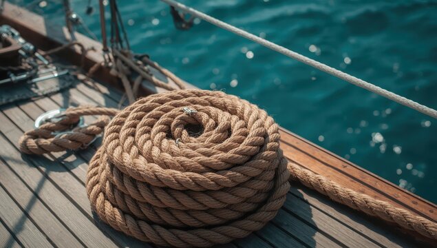 Heavy rope coil used on a wooden boat deck.