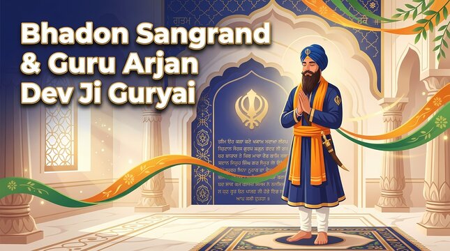 Sikh religious illustration featuring guru arjan dev ji for bhadon sangrand and guryai celebration