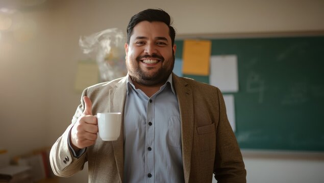 Rugged man with a beard enjoys tea, giving a thumbs up. Energized morning. Inspired for school. Formal learning. Delicious drink. Joyful teacher savoring coffee.
