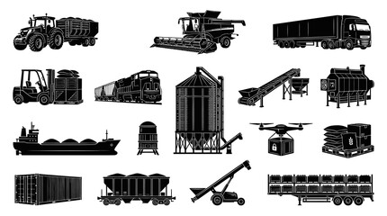 Obraz premium Agriculture Logistics Supply Chain Glyph Icons Set - Farm Machinery, Grain Storage Transport Elements