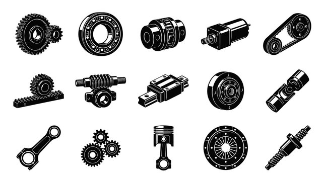 Mechanical Engineering Parts Icons Set. Industrial and Automotive Black  White Glyph Elements.