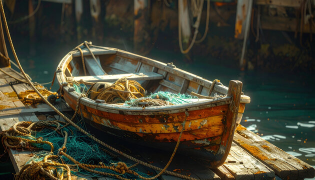 Old wooden rowboat with weathered hull and fishing nets at dock
