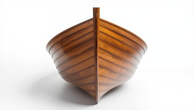 Isolated front view of a wooden boat's bow on a white background.