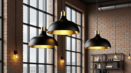 Obraz premium Modern loft interior with black pendant lights featuring gold accents. Exposed brick walls, large windows create industrial ambiance. Metal shelf unit displays decorative items. Functional, stylish