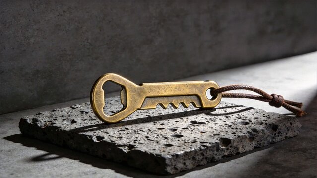 Brass Bottle Opener Keychain with Brown Leather Cord
