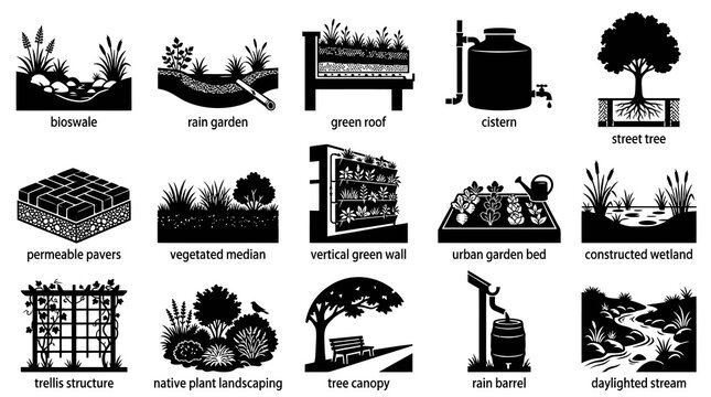 Sustainable Landscape and Green Infrastructure Glyph Icons Set for Urban Planning  Environmental Design