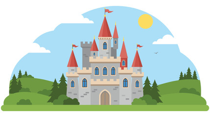 Fairy tale castle on green hill with sun and clouds. © MDTAZBIRHOSSAIN