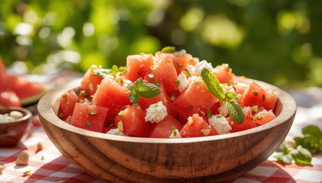 Lunch featuring a salad of watermelon and cottage cheese.