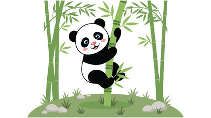 Cute panda bear climbing bamboo forest stalks on grass meadow illustration. © MDTAZBIRHOSSAIN