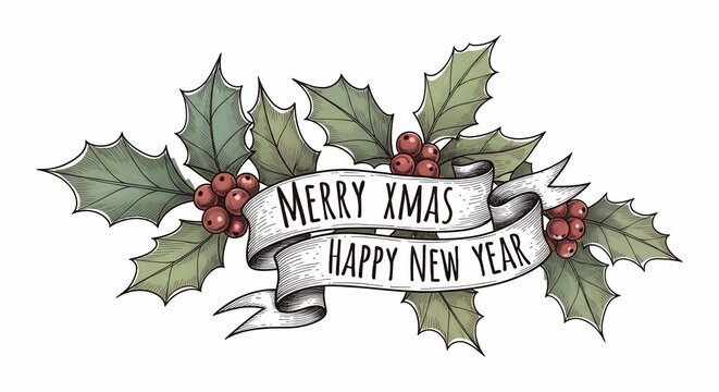 Whimsical Hand-Drawn Holly Banner: Merry Xmas & Happy New Year Wishes
