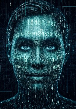 Digital Man: Teal Matrix Data Face, Deep Tech Gaze, Cyberpunk Mystery, Future Human Algorithm