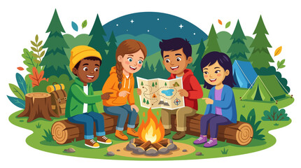 Fototapeta premium A diverse group of four happy children sits around a glowing campfire in a forest setting while looking at a map together.
