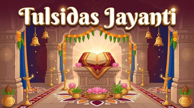 Tulsidas jayanti celebration poster with an open holy book and traditional indian temple decor