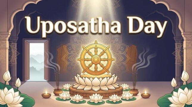 Uposatha day celebration with golden dharma wheel on a lotus flower in a traditional buddhist temple