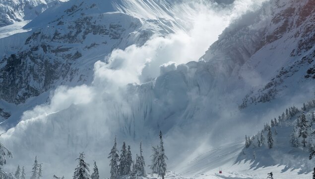 Mountain snowslide. Forceful avalanche.