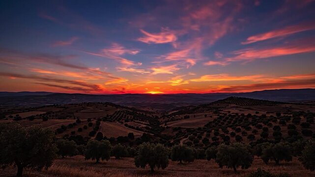 Golden sunset over a rolling olive grove in the countryside