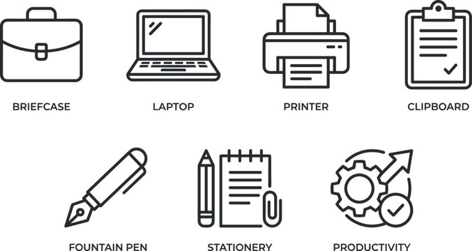 Modern corporate business line icon set featuring minimalist briefcase laptop printer clipboard and stationery symbols for web UI design and management presentation