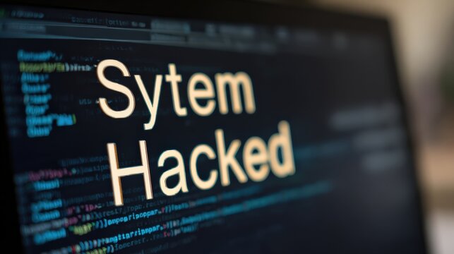 A computer screen displays the message "Sytem Hacked," indicating a cybersecurity breach or hacking incident.