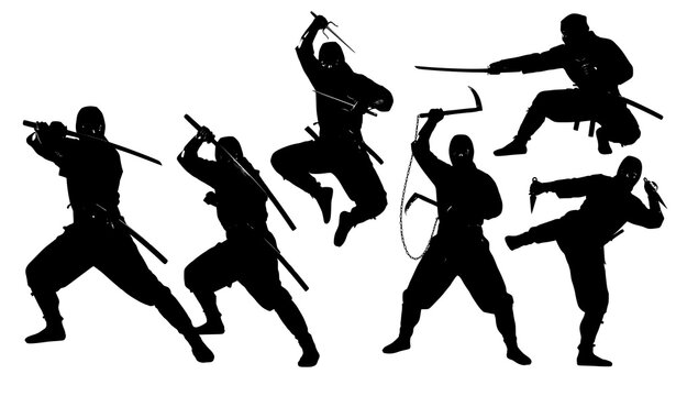 Set of Japanese Ninja Warriors in Black Outfits with Swords, Traditional Weapons, and Martial Arts Combat Poses Isolated on White Background