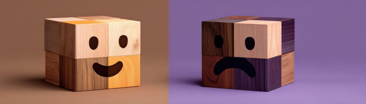 Two wooden cube faces display contrasting emotions: one happy and one sad, set against different colored backgrounds.