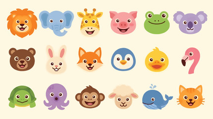 Fototapeta premium Set of Cute Cartoon Animal Faces Vector Icons, Including Lion, Elephant, Giraffe, Pig, Frog, Koala, Bear, Rabbit, Fox, Penguin, Duck, Flamingo, Turtle, Octopus, Monkey, Sheep, Whale, and Cat, on a