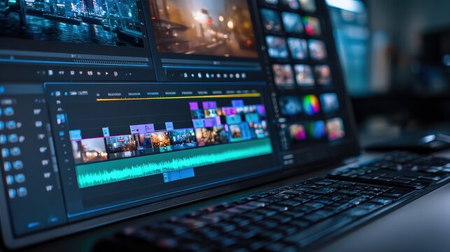 A close-up of a computer screen and keyboard showing video editing software with multiple tracks and preview windows.