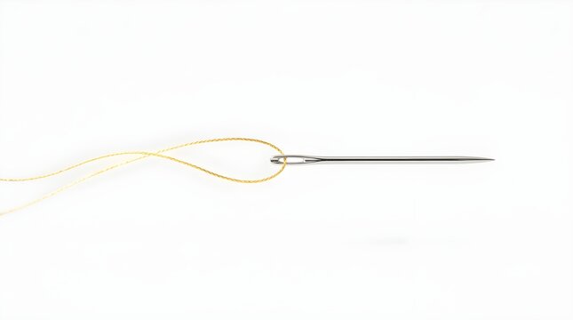 Minimalist elegant concept photo of a metallic sewing needle with a fine golden thread passing through its eye, isolated against a clean white background. Perfect for tailor and fashion design.