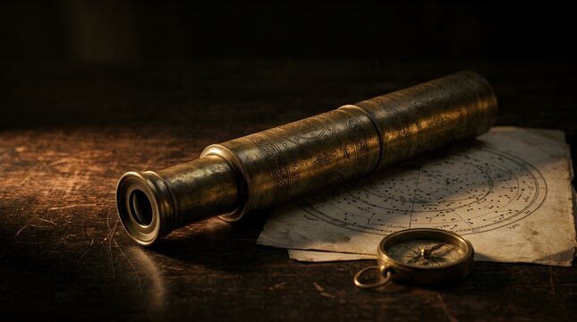 An antique engraved brass spyglass telescope resting on an old celestial star map next to a vintage pocket compass on a rustic dark wooden table with warm lighting.