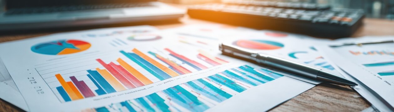 Printed charts and graphs display colorful data visualizations on a wooden desk, accompanied by a pen and keyboard in a work setting.